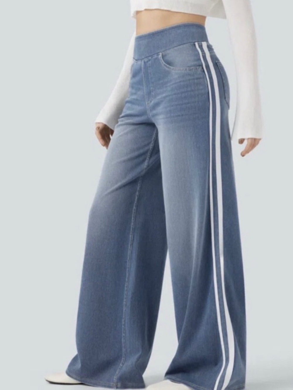 HALARA Blue Wide-Leg Denim Jeans White Side Stripes Large Petite New